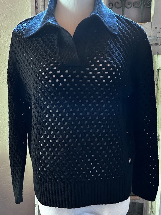 Bogner Sweaters - Bogner Black Open-Weave Collared Pullover